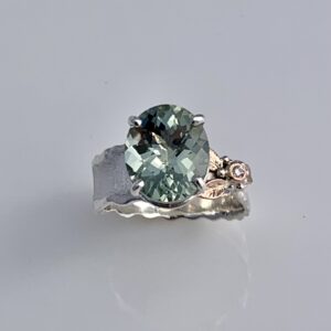 Sterling and 14K Rose Gold Green Amethyst and Diamond ring.