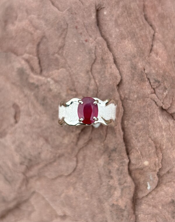 Ruby set in Sterling Silver Melted Edge Ring.